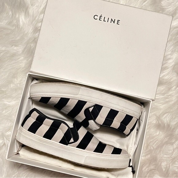 Celine Black/White Striped Canvas Slip On Sneakers - Picture 15 of 16